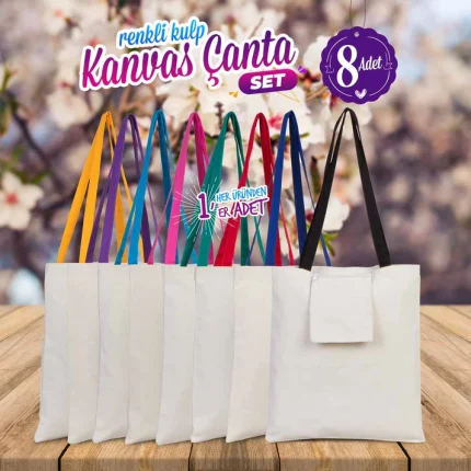 Renkli Kulp Kanvas Çanta Seti - Her Üründen 1 Adet